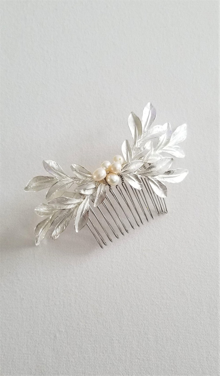 Gold Leaf Hair Comb, Bridal Hair Comb, Gold Wedding Headpiece, Silver Pearl Hair Comb, Olive Branch Hair Comb - wire, metal comb, metal leaves, freshwater pearls