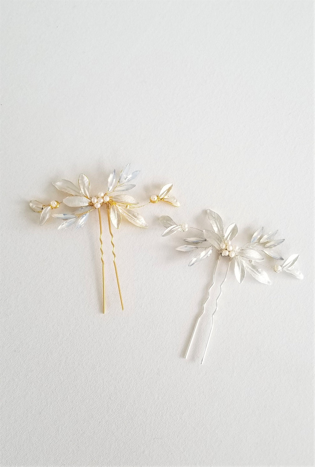 Gold Leaf Wedding Hair Pin, Silver Pearl Bridal Hair Pin, Wedding Hair Accessory - wire, rhinestones, metal leaves, metal hair pin