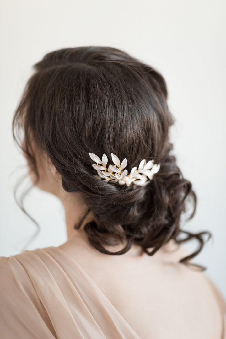 Gold Leaf Hair Comb, Bridal Hair Comb, Gold Wedding Headpiece, Silver Pearl Hair Comb, Olive Branch Hair Comb - wire, metal comb, metal leaves, freshwater pearls