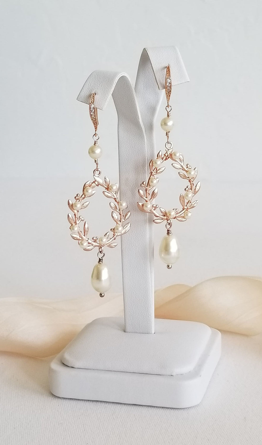 Pearl Bridal Earrings, Gold Long Pearl Drop Earrings for Bride, Rose Gold Hoop Wedding Earrings - plated brass components, cubic zirconia ear wire, head pins, wire, crystal core pearls