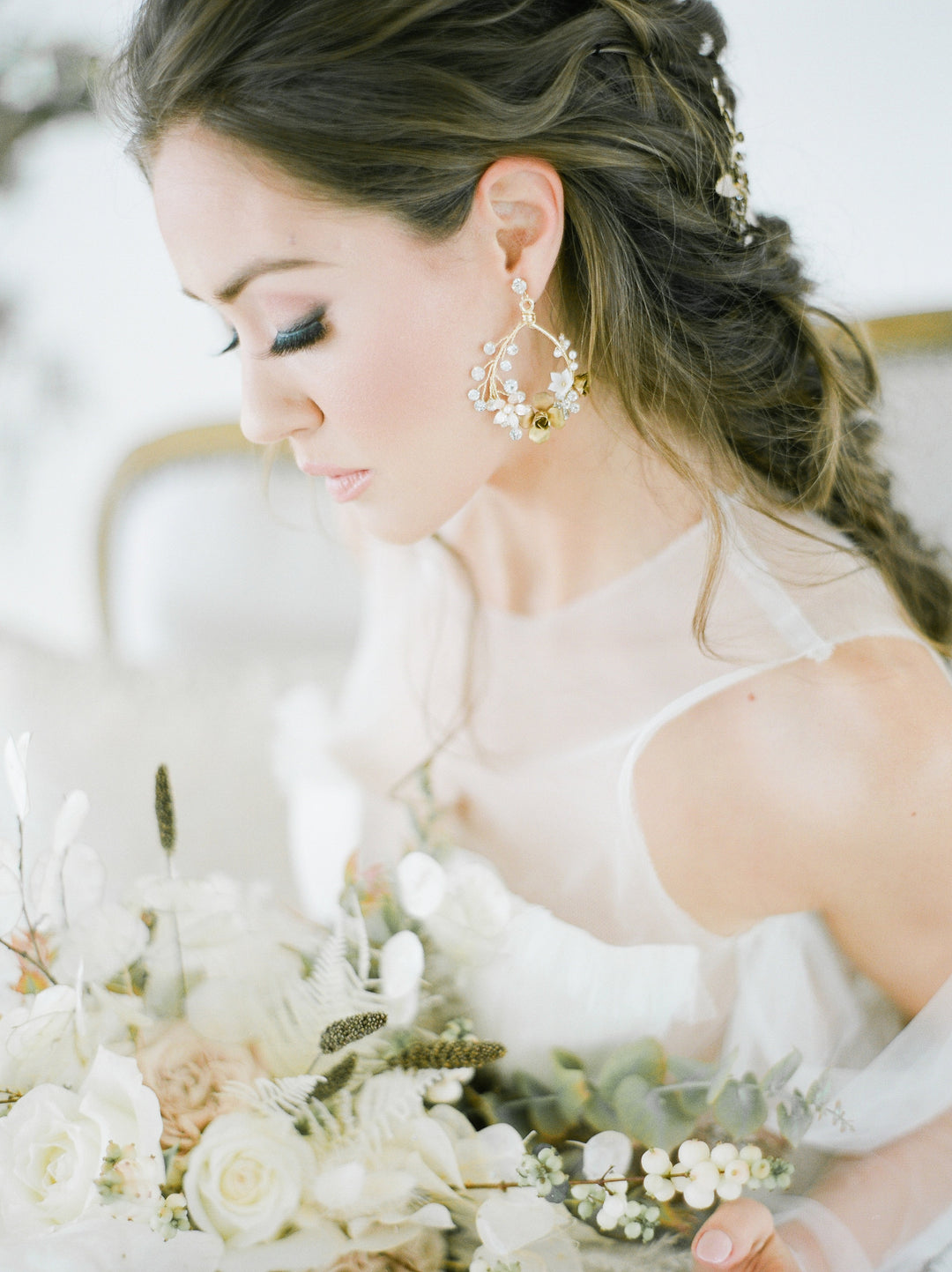 Floral Wedding Hoop Earrings, Gold Crystal and Pearl Bridal Earrings, Gold Statement Bridal Earrings - metal hoops, rhinestones, studs, screw backs, wire, freshwater pearls