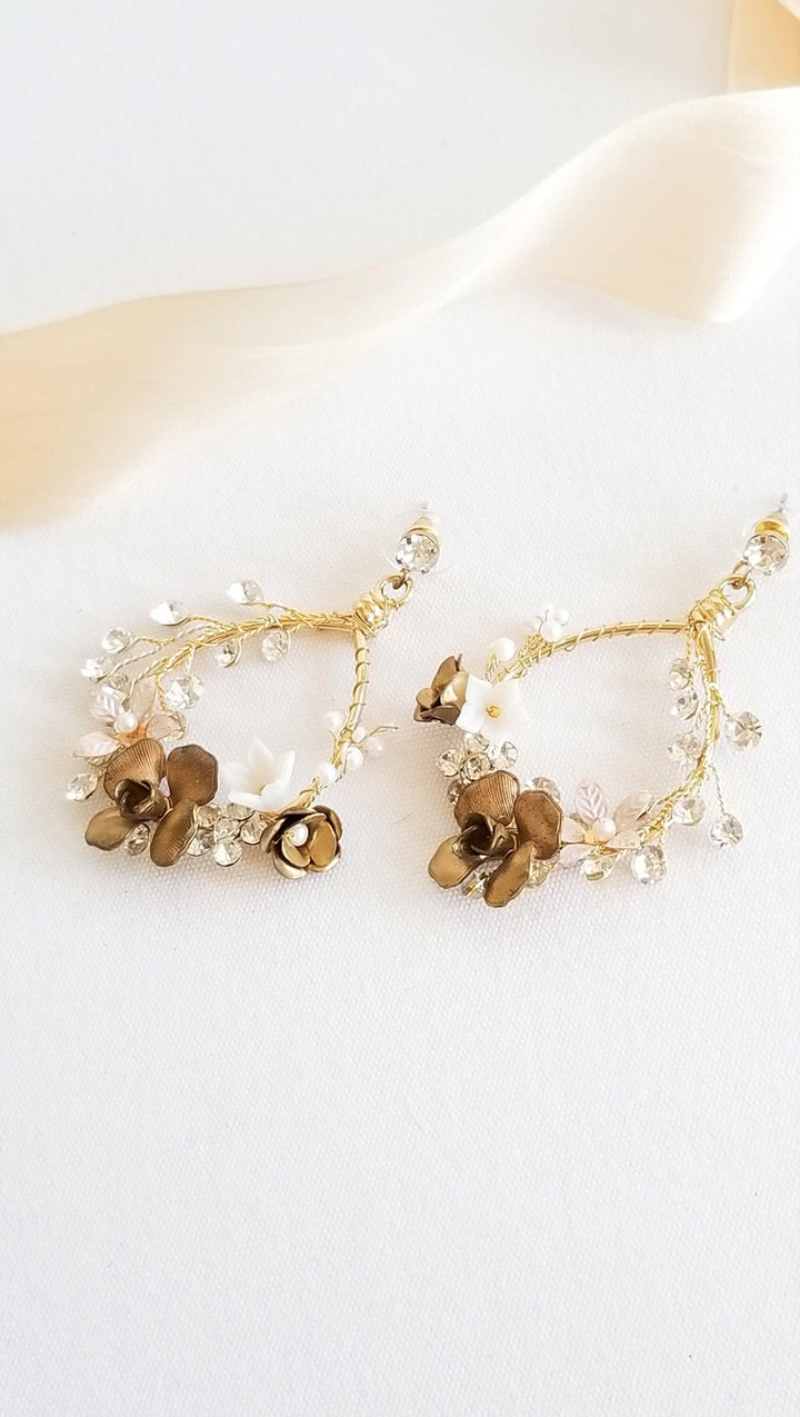 Floral Wedding Hoop Earrings, Gold Crystal and Pearl Bridal Earrings, Gold Statement Bridal Earrings - metal hoops, rhinestones, studs, screw backs, wire, freshwater pearls