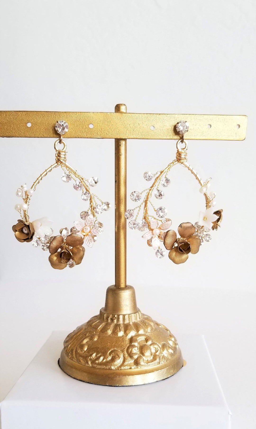 Floral Wedding Hoop Earrings, Gold Crystal and Pearl Bridal Earrings, Gold Statement Bridal Earrings - metal hoops, rhinestones, studs, screw backs, wire, freshwater pearls