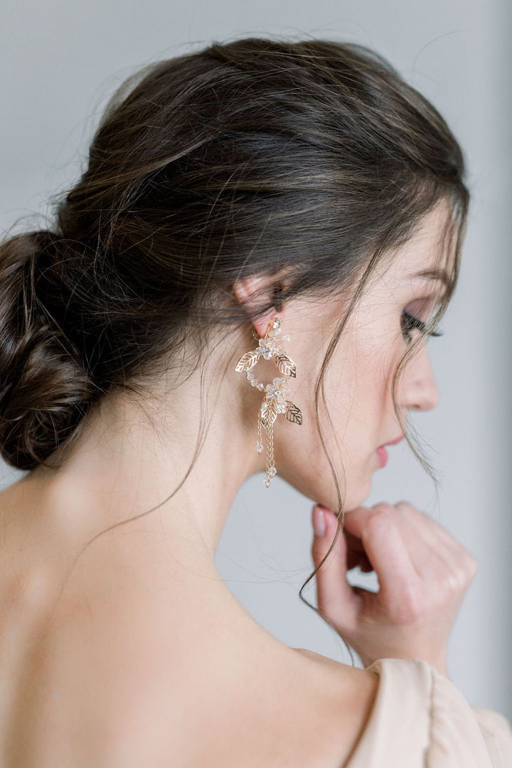 Wedding Earrings With Floral Design, Gold Crystal Pearl Bridal Earrings, Long Gold Statement Earrings For Bride - rhinestones, wire, seed beads, metal leaves, Swarovski pearls, hoop, ear wires, crystals, chain