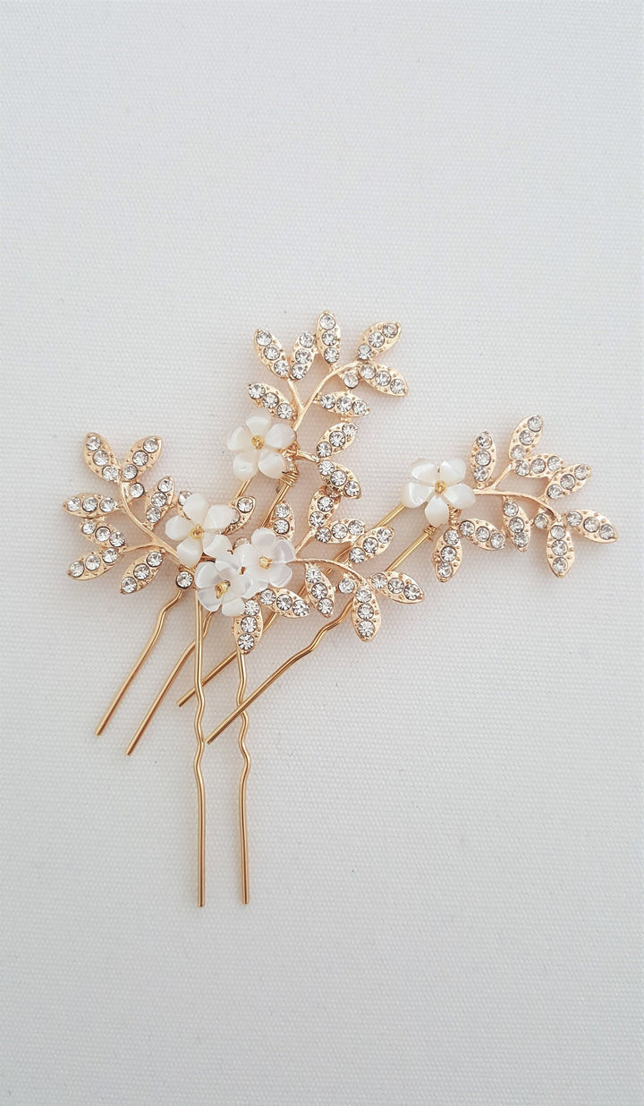 Wedding Hair Pins Gold Floral, Rose Gold Floral Bridal Hair Pins, Silver Crystal Flower Hair Pins For The Bride - metal hair pin, wire, metal leaves, mother of pearl flowers, rhinestones, seed beads