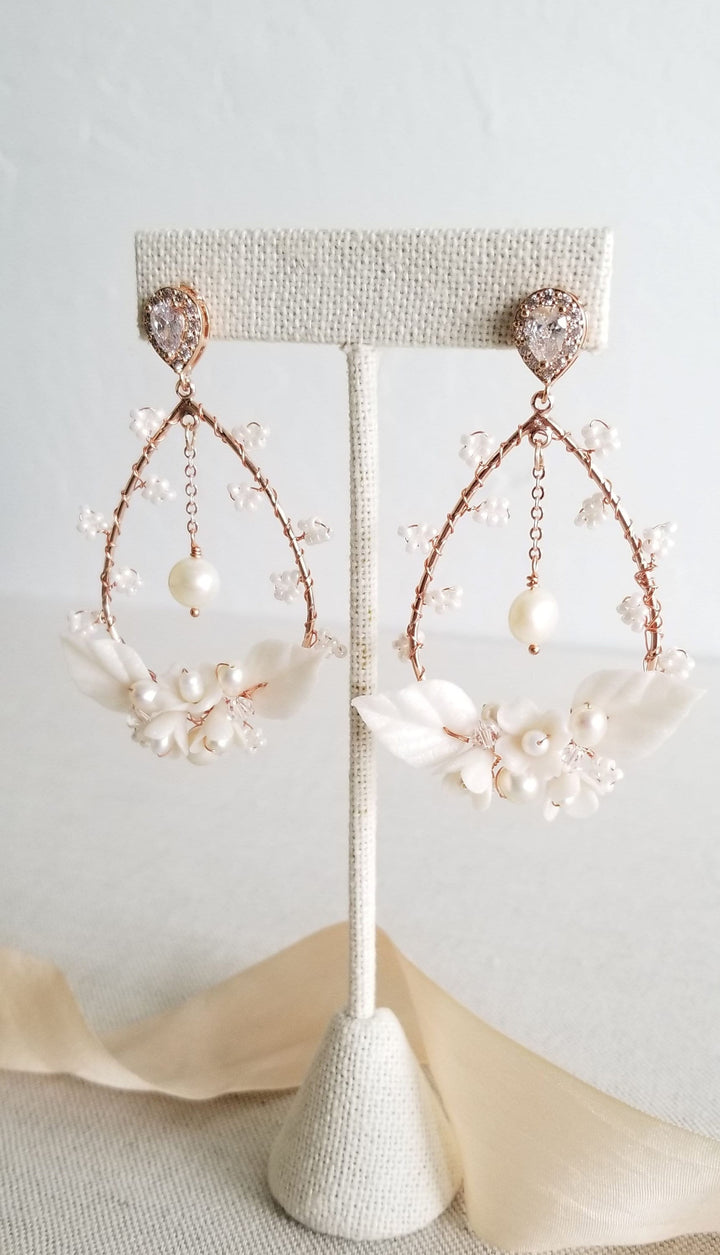 Boho Bridal Earrings, Clay Flower Wedding Hoop Earrings, Floral Wedding Statement Earrings For Bride - metal hoops, wire, freshwater pearls, seedbeads, clay flowers and leaves, chain, Swarovski crystals, cubic zirconias, extender chains and clasps