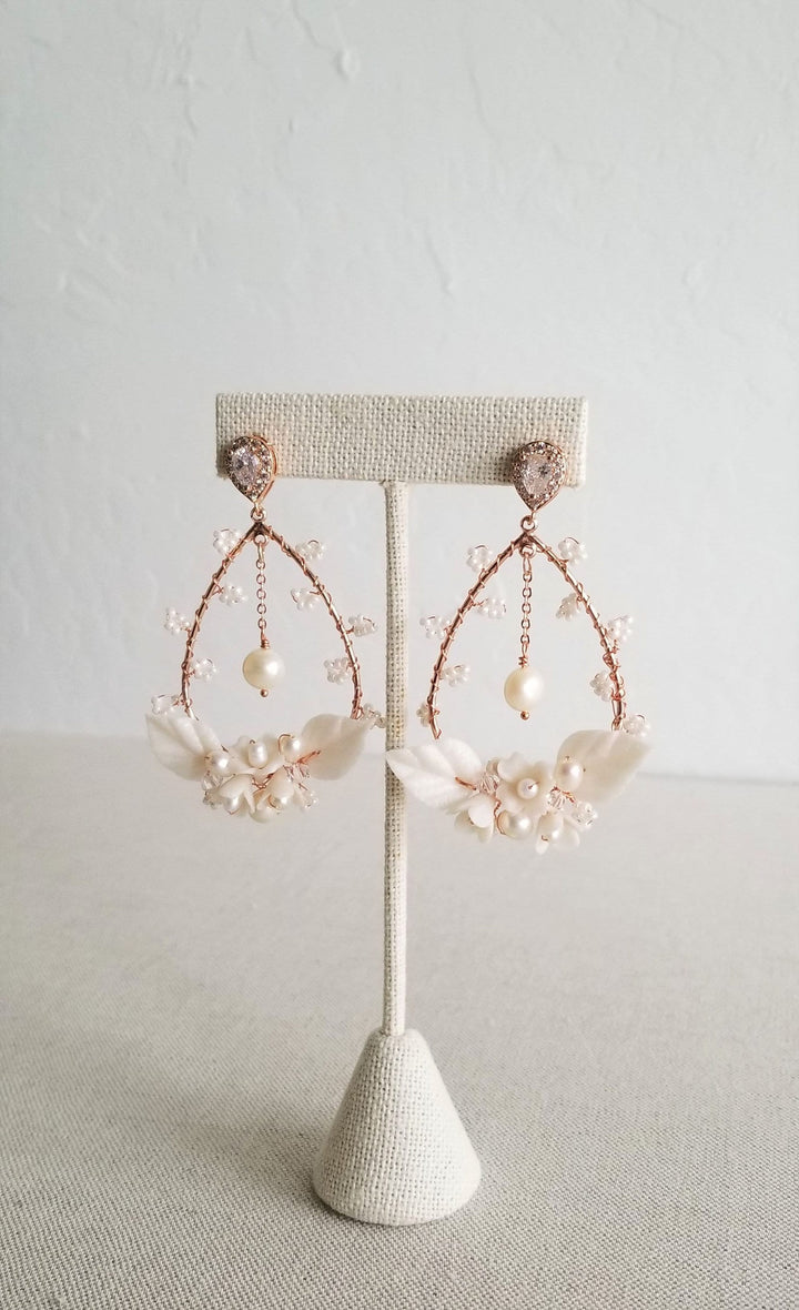 Boho Bridal Earrings, Clay Flower Wedding Hoop Earrings, Floral Wedding Statement Earrings For Bride - metal hoops, wire, freshwater pearls, seedbeads, clay flowers and leaves, chain, Swarovski crystals, cubic zirconias, extender chains and clasps