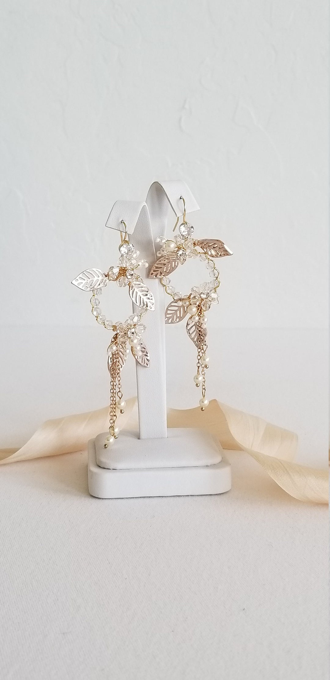 Wedding Earrings With Floral Design, Gold Crystal Pearl Bridal Earrings, Long Gold Statement Earrings For Bride - rhinestones, wire, seed beads, metal leaves, Swarovski pearls, hoop, ear wires, crystals, chain