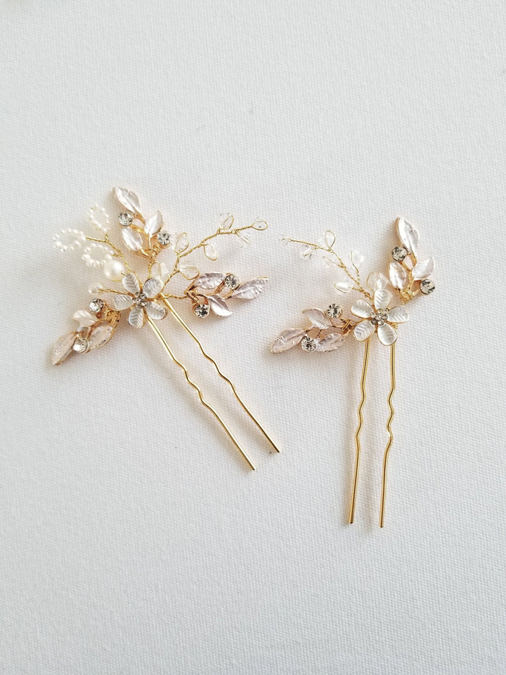 Wedding Hair Pins, Bridal Pearl Hair Pins, Crystal Pearl Hair Pins For Bride, Floral Bridal Hair Pin Set - freshwater pearls, metal hair pins, Swarovski crystals, rhinestones, metal leaves, metal flower, wire