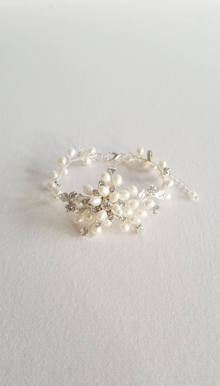 Wedding Bracelet with Freshwater Pearls, Bridal Pearl Bracelet, Freshwater Pearl Bracelet, Wedding Pearl Bracelet, Wedding Jewelry for Bride - freshwater pearls, wire, rhinestones, clasp, crystal drop, metal components