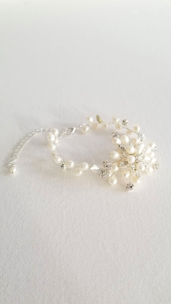 Wedding Bracelet with Freshwater Pearls, Bridal Pearl Bracelet, Freshwater Pearl Bracelet, Wedding Pearl Bracelet, Wedding Jewelry for Bride - freshwater pearls, wire, rhinestones, clasp, crystal drop, metal components