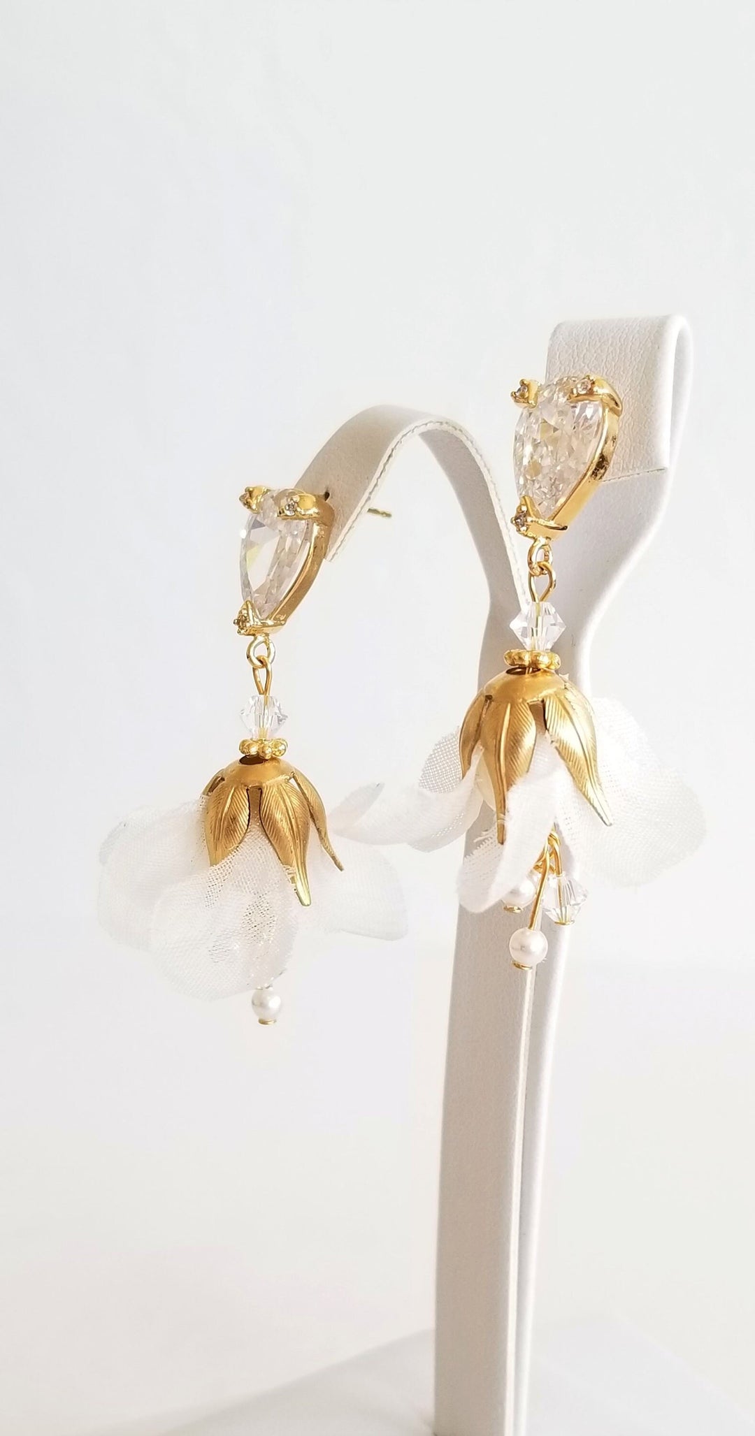 Wedding Earrings With Floral Design, Silk Flower Bridal Earrings, Gold Bohemian Earrings For Bride - wire, metal leaves, cubic zirconias, pure silk flower, Swarovski pearls, Swarovski crystals, head pins