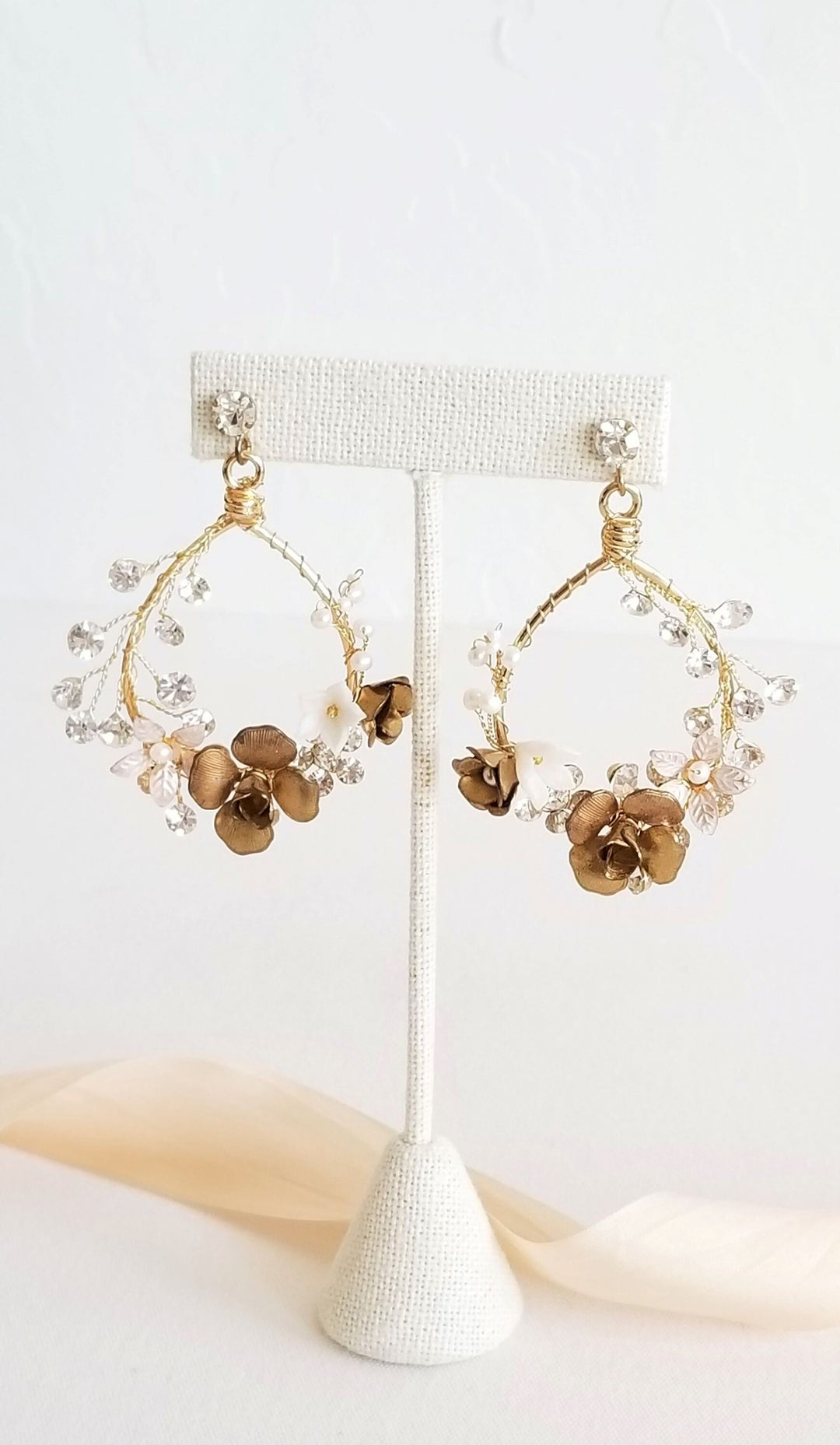 Floral Wedding Hoop Earrings, Gold Crystal and Pearl Bridal Earrings, Gold Statement Bridal Earrings - metal hoops, rhinestones, studs, screw backs, wire, freshwater pearls