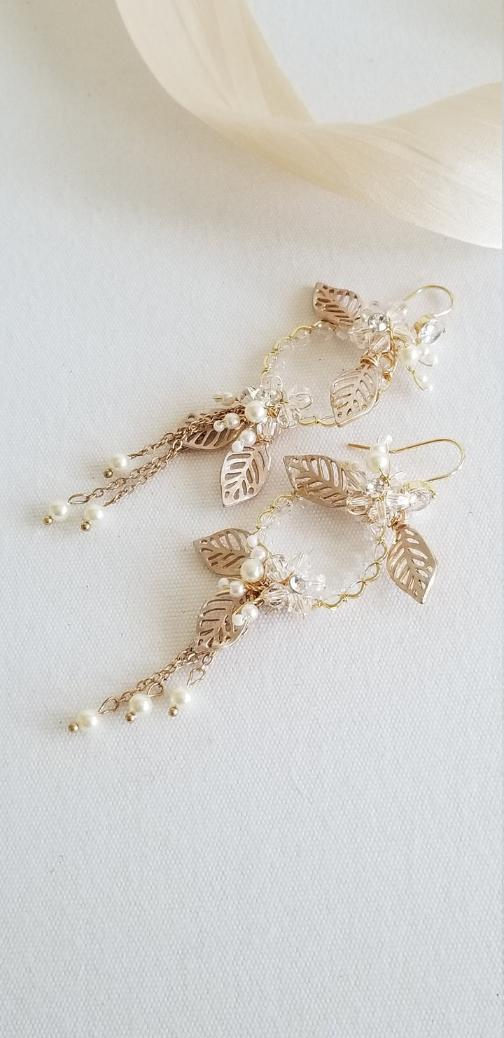 Wedding Earrings With Floral Design, Gold Crystal Pearl Bridal Earrings, Long Gold Statement Earrings For Bride - rhinestones, wire, seed beads, metal leaves, Swarovski pearls, hoop, ear wires, crystals, chain