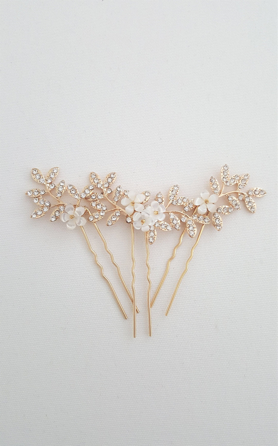 Wedding Hair Pins Gold Floral, Rose Gold Floral Bridal Hair Pins, Silver Crystal Flower Hair Pins For The Bride - metal hair pin, wire, metal leaves, mother of pearl flowers, rhinestones, seed beads