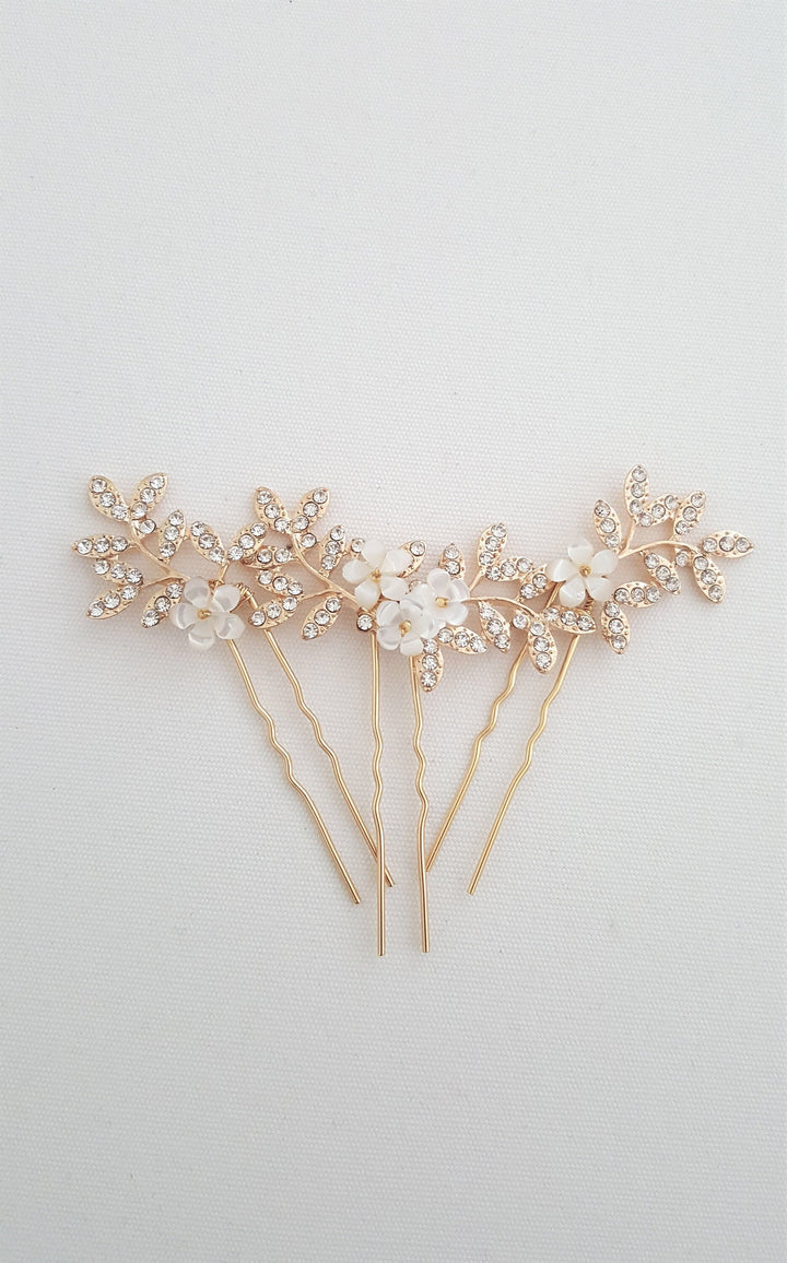 Wedding Hair Pins Gold Floral, Rose Gold Floral Bridal Hair Pins, Silver Crystal Flower Hair Pins For The Bride - metal hair pin, wire, metal leaves, mother of pearl flowers, rhinestones, seed beads