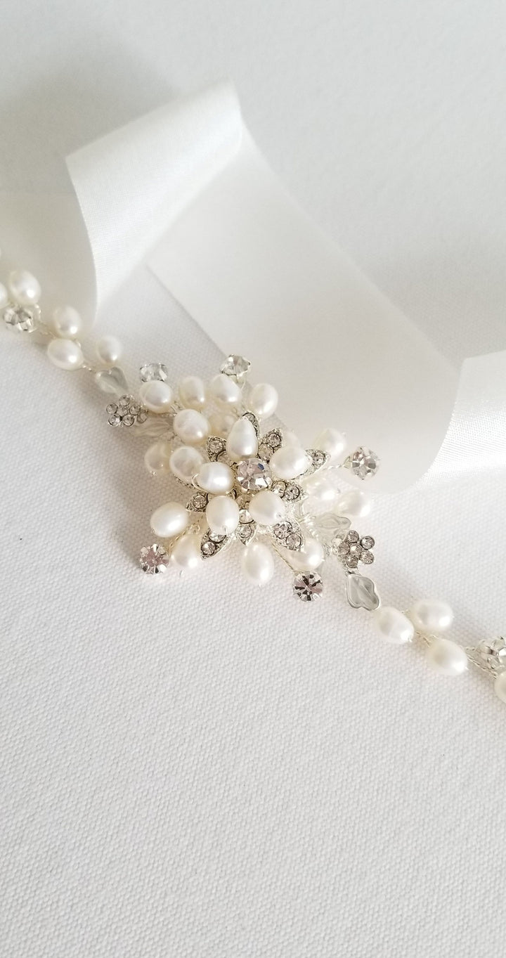 Wedding Bracelet with Freshwater Pearls, Bridal Pearl Bracelet, Freshwater Pearl Bracelet, Wedding Pearl Bracelet, Wedding Jewelry for Bride - freshwater pearls, wire, rhinestones, clasp, crystal drop, metal components