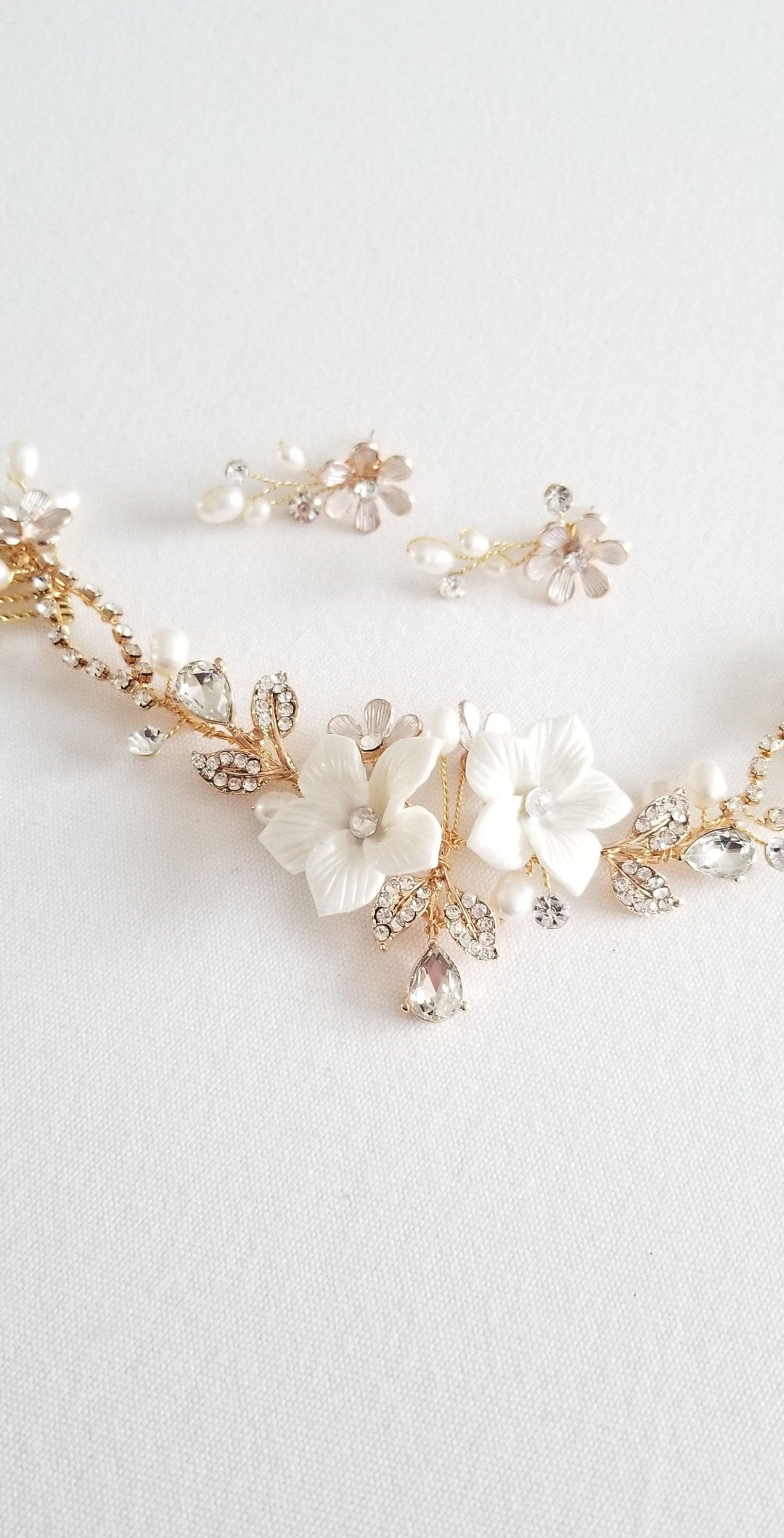 Wedding Floral Headpiece, Porcelain Flower Bridal Hair Comb Earring Set, Gold Clay Flower Freshwater Pearl Hair Comb - freshwater pearls, 18kt gold plated combs, wire, metal flowers, rhinestones, porcelain flowers, ear studs