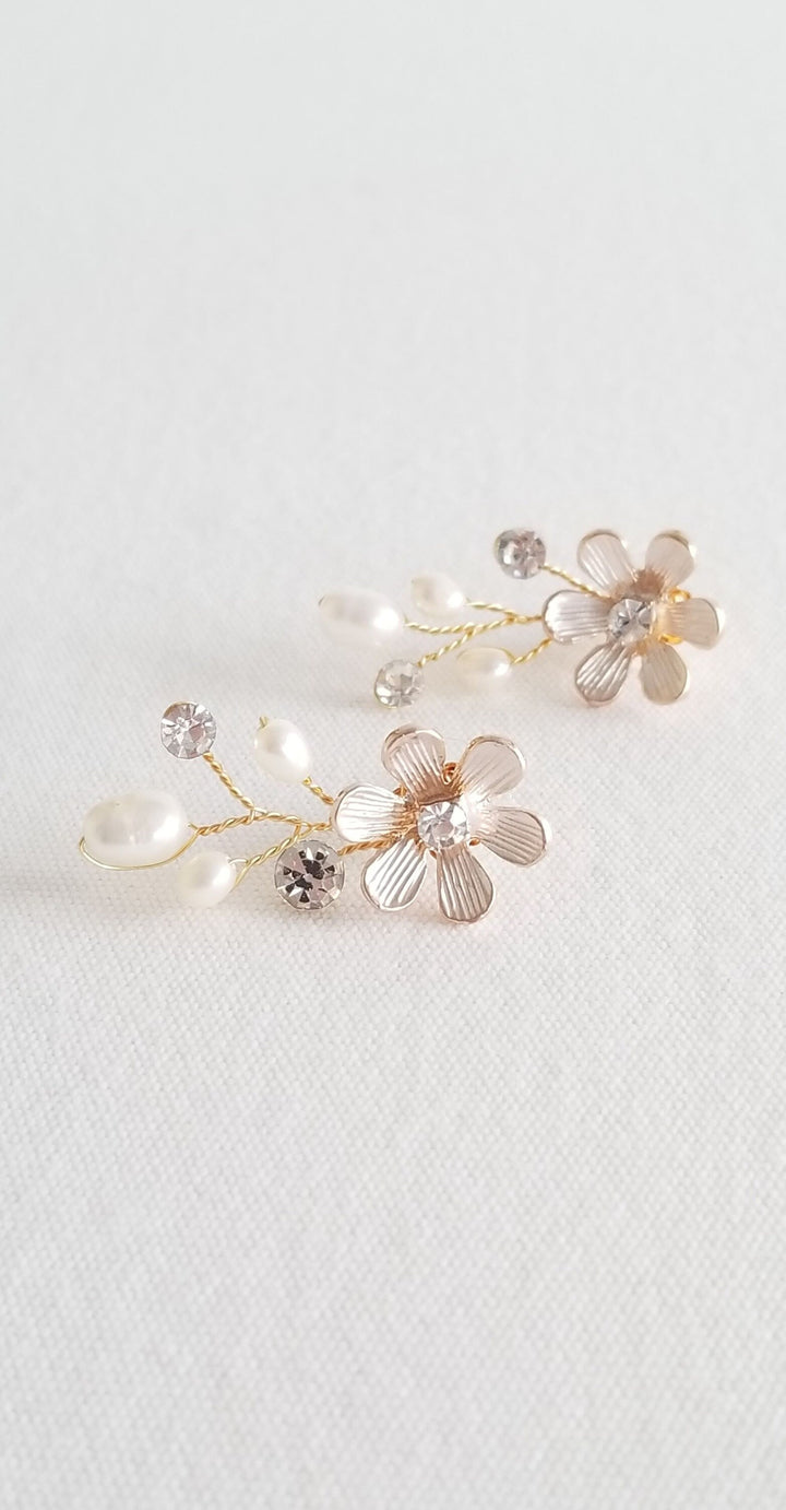 Wedding Floral Headpiece, Porcelain Flower Bridal Hair Comb Earring Set, Gold Clay Flower Freshwater Pearl Hair Comb - freshwater pearls, 18kt gold plated combs, wire, metal flowers, rhinestones, porcelain flowers, ear studs