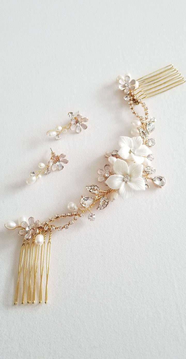 Wedding Floral Headpiece, Porcelain Flower Bridal Hair Comb Earring Set, Gold Clay Flower Freshwater Pearl Hair Comb - freshwater pearls, 18kt gold plated combs, wire, metal flowers, rhinestones, porcelain flowers, ear studs