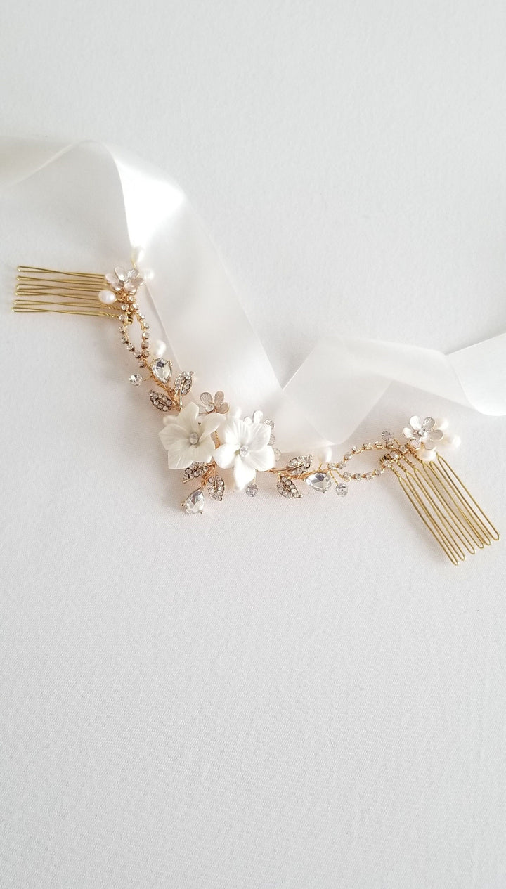 Wedding Floral Headpiece, Porcelain Flower Bridal Hair Comb Earring Set, Gold Clay Flower Freshwater Pearl Hair Comb - freshwater pearls, 18kt gold plated combs, wire, metal flowers, rhinestones, porcelain flowers, ear studs