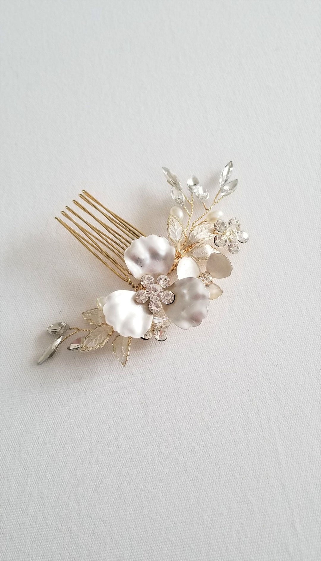 Floral Bridal Comb, Wedding Hair Comb for Bride, Gold Pearl Crystal Bridal Headpiece - rhinestones, metal comb, crystals, metal leaves, metal flower, faux pearls, wire