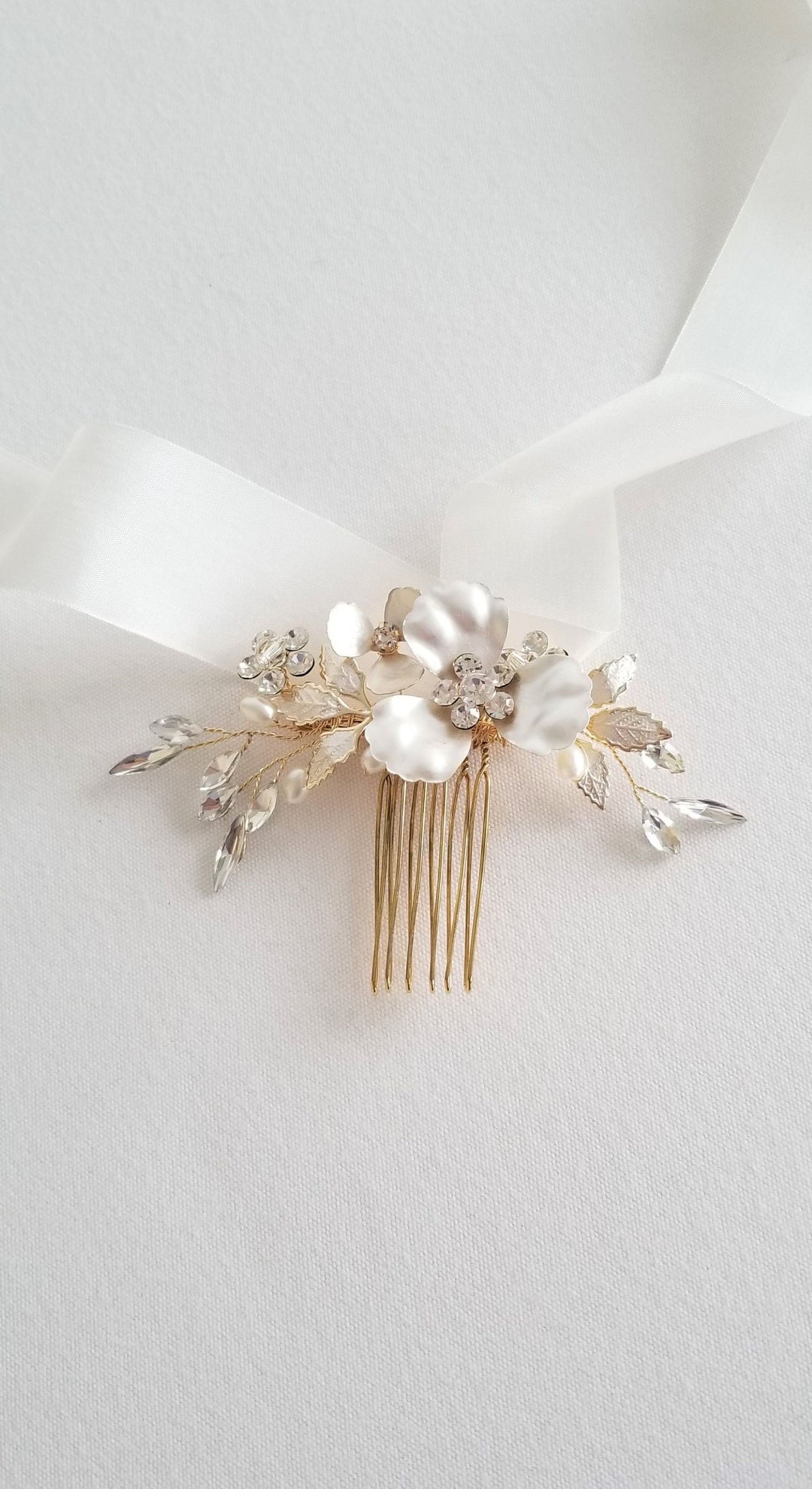 Floral Bridal Comb, Wedding Hair Comb for Bride, Gold Pearl Crystal Bridal Headpiece - rhinestones, metal comb, crystals, metal leaves, metal flower, faux pearls, wire