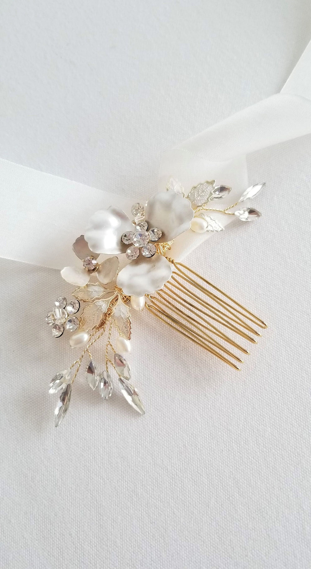 Floral Bridal Comb, Wedding Hair Comb for Bride, Gold Pearl Crystal Bridal Headpiece - rhinestones, metal comb, crystals, metal leaves, metal flower, faux pearls, wire