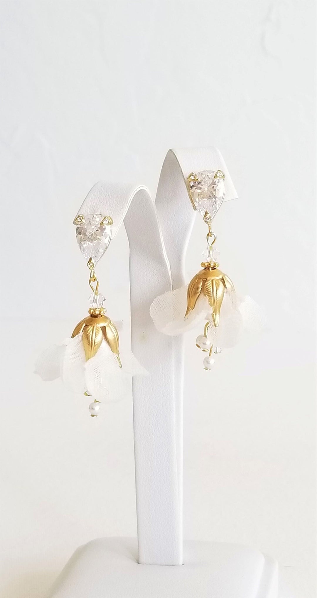 Wedding Earrings With Floral Design, Silk Flower Bridal Earrings, Gold Bohemian Earrings For Bride - wire, metal leaves, cubic zirconias, pure silk flower, Swarovski pearls, Swarovski crystals, head pins