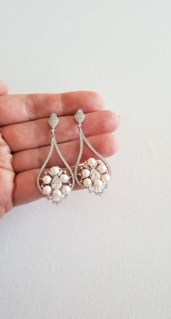 Pearl Wedding Earrings, CZ Freshwater Pearl Bridal Earrings, Long Drop Pearl Earrings For Bride - Cubic Zirconia stones, rhodium plating over copper, freshwater pearls, wire