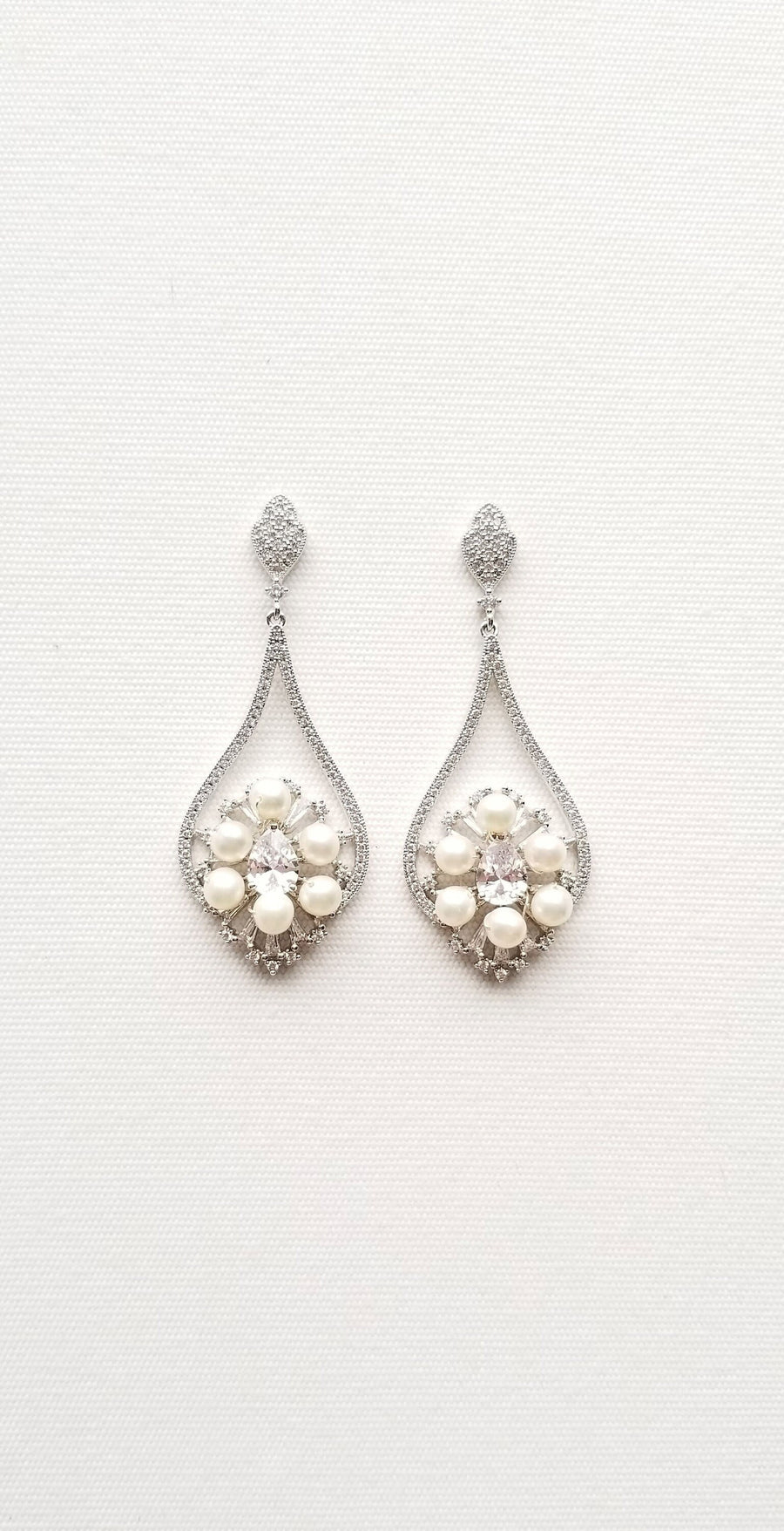 Pearl Wedding Earrings, CZ Freshwater Pearl Bridal Earrings, Long Drop Pearl Earrings For Bride - Cubic Zirconia stones, rhodium plating over copper, freshwater pearls, wire