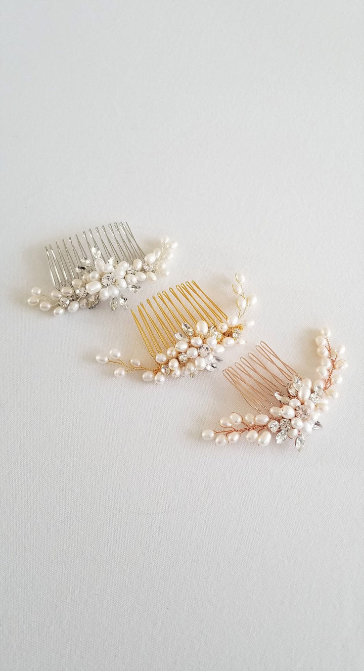 Freshwater Pearl Wedding Hair Comb, Small Pearl Crystal Bridal Hair Comb, Pearl Hair Comb for Bride - freshwater pearls, crystal rhinestones, wire, metal comb, metal leaves, metal flowers