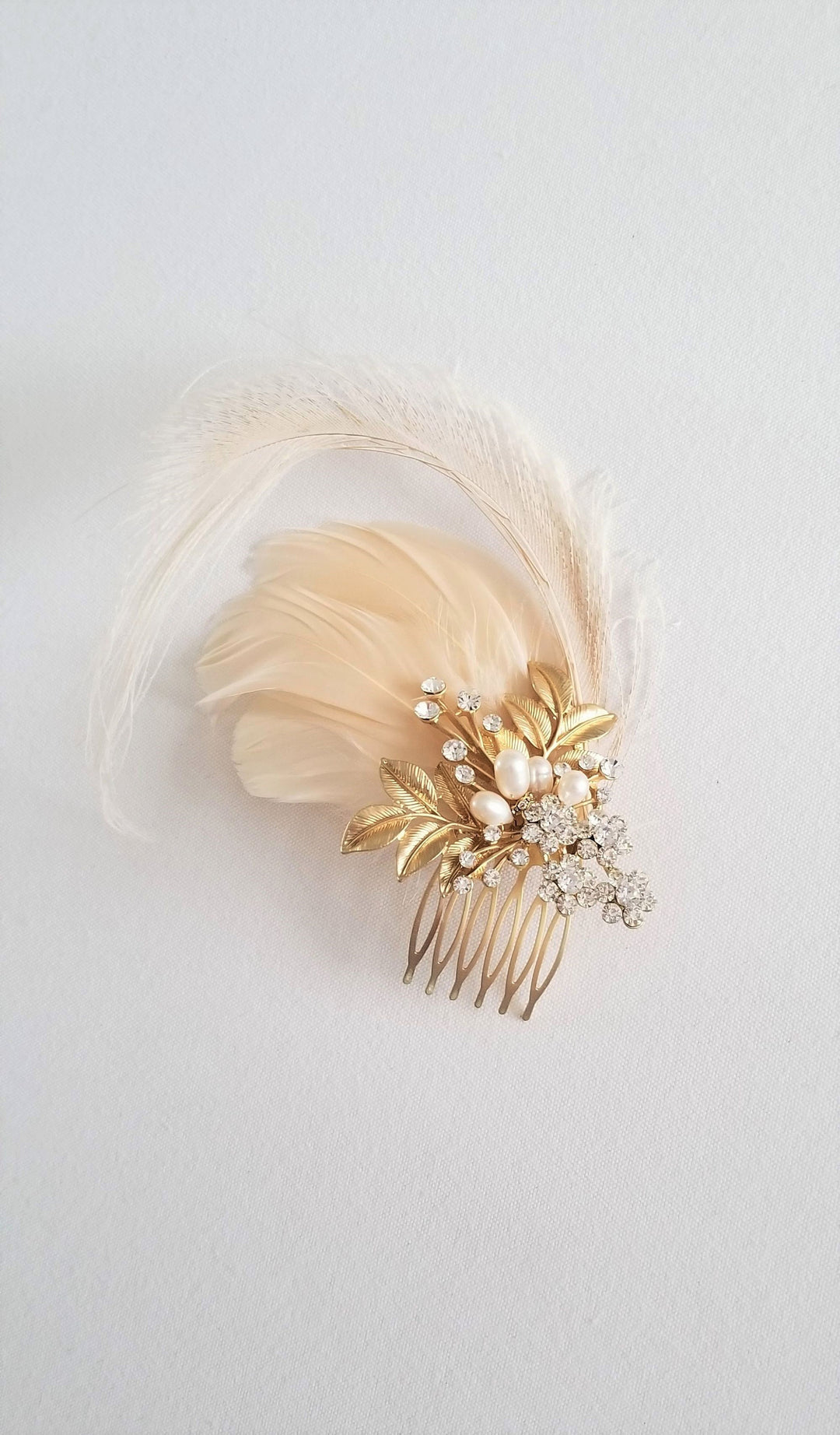 Bridal Gold Blush Pink Feather Headpiece, Champagne Wedding Feather Fascinator, Wedding Feather Hairpiece - ostrich feathers, goose feathers, felt, metal comb, freshwater pearls, crystal rhinestones