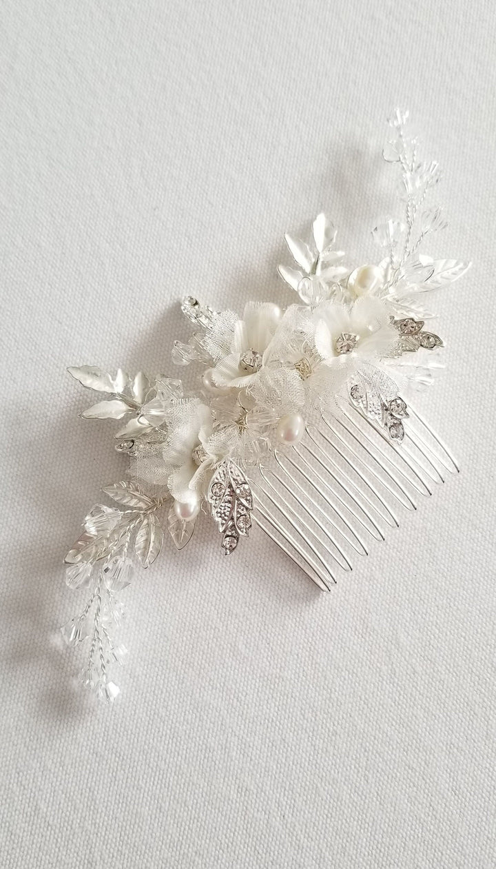 Bridal Floral Comb, Floral Silk Flower Crystal Wedding Hair Comb, Silver Pearl Wedding Hair Comb - crystals, rhinestones, wire, metal comb, metal leaves, pure silk flowers, freshwater pearls