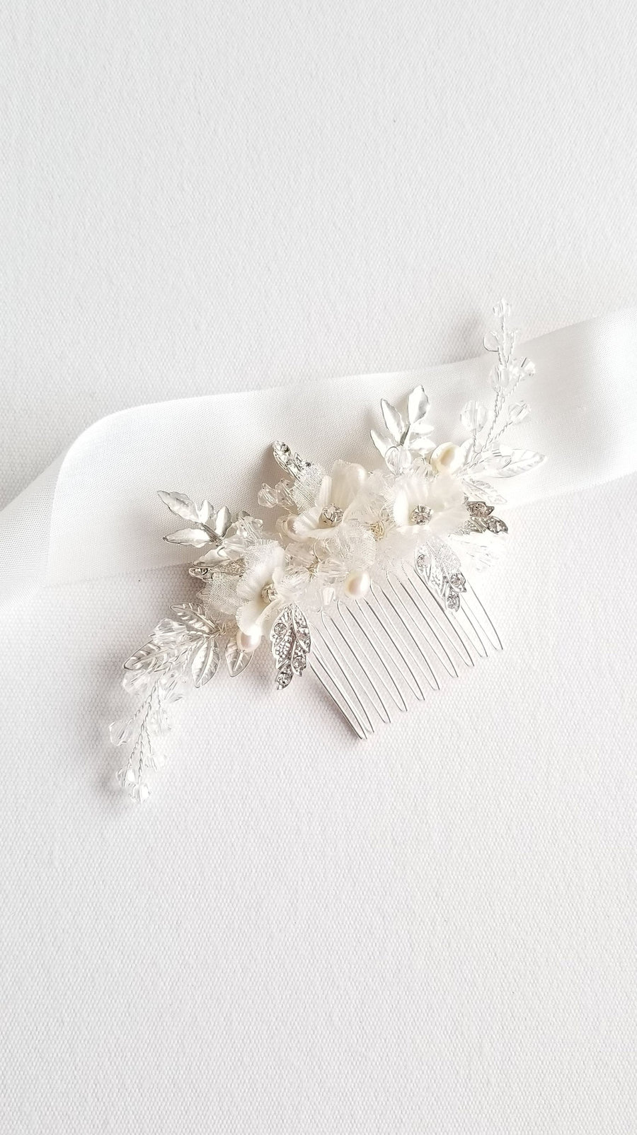 Bridal Floral Comb, Floral Silk Flower Crystal Wedding Hair Comb, Silver Pearl Wedding Hair Comb - crystals, rhinestones, wire, metal comb, metal leaves, pure silk flowers, freshwater pearls