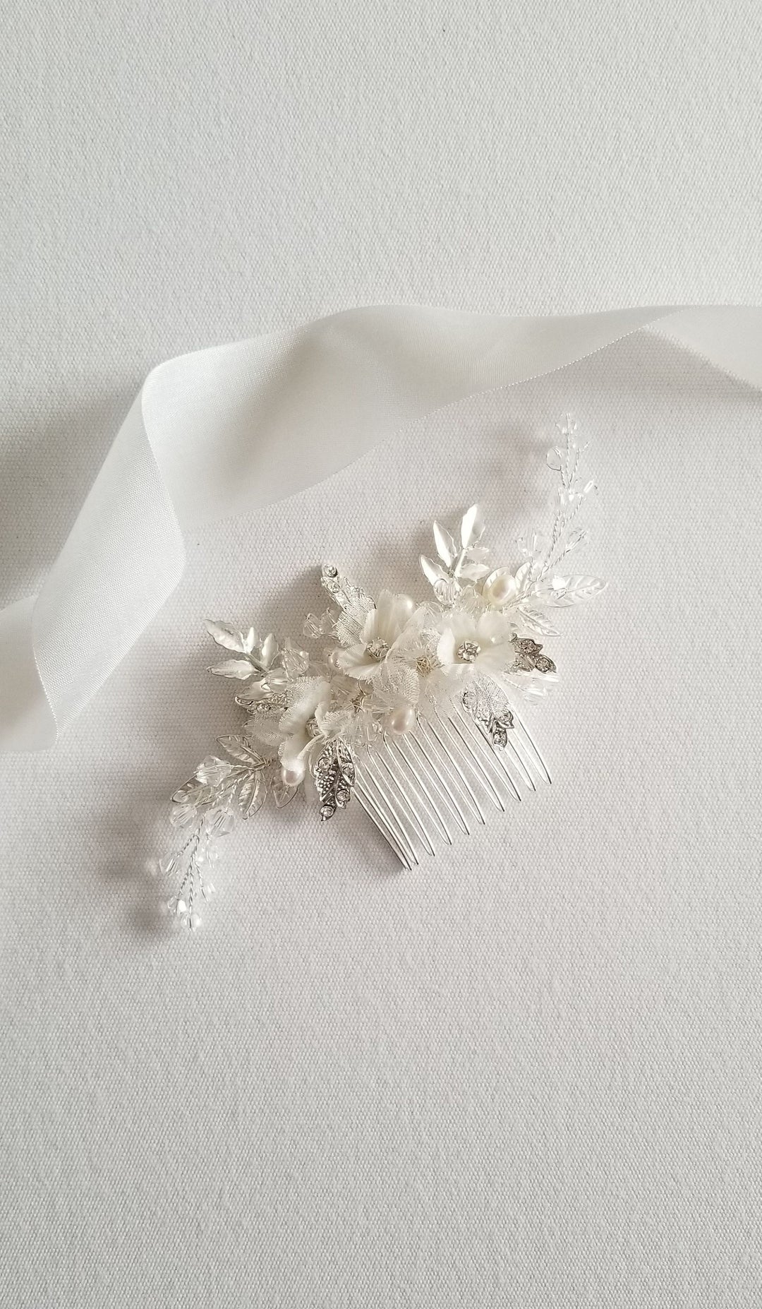 Bridal Floral Comb, Floral Silk Flower Crystal Wedding Hair Comb, Silver Pearl Wedding Hair Comb - crystals, rhinestones, wire, metal comb, metal leaves, pure silk flowers, freshwater pearls