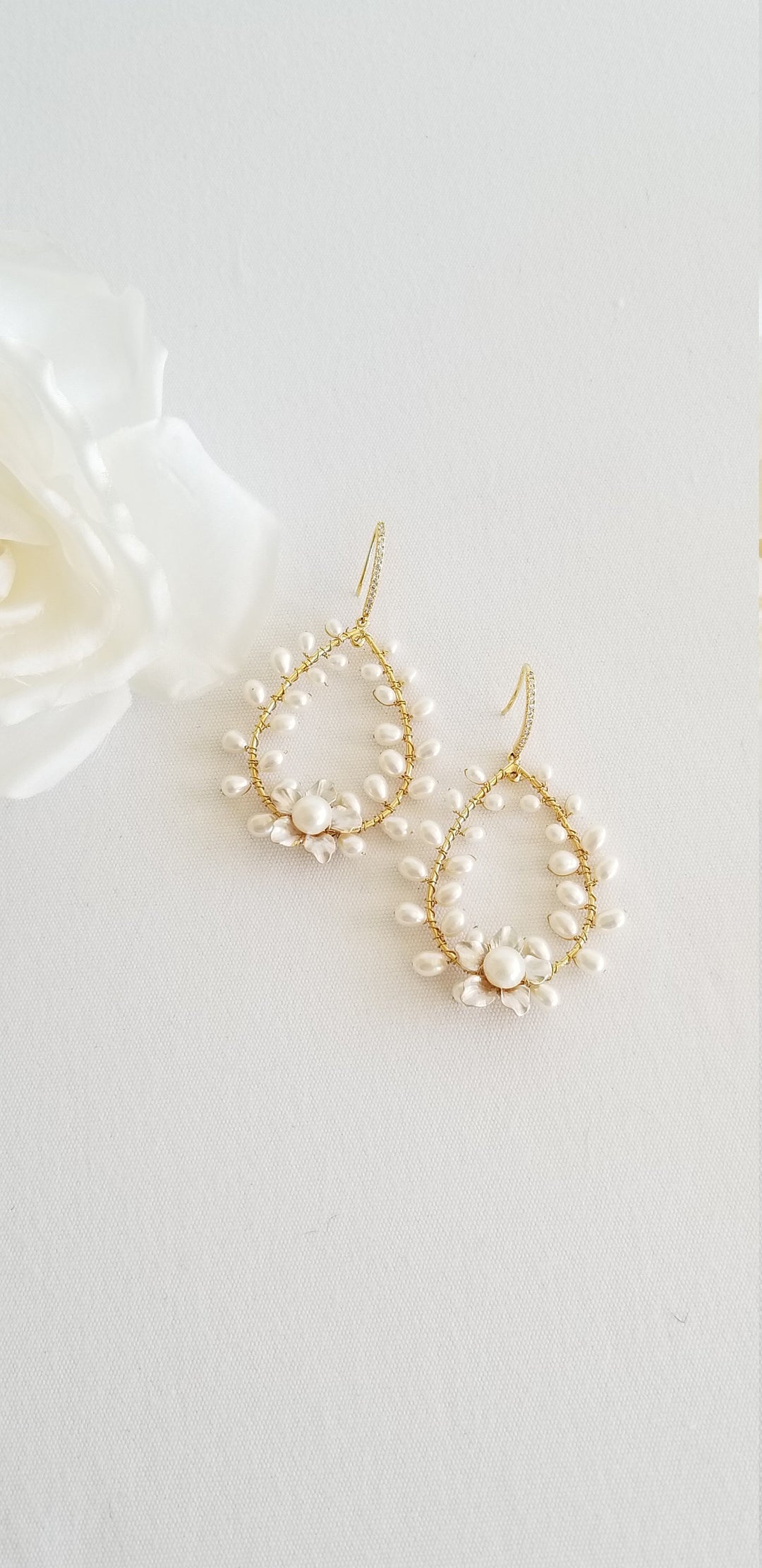 Pearl Bridal Earrings, Floral Wedding Hoop Earrings, Wedding Statement Earrings For Bride - metal hoops, wire, freshwater pearls, metal flower, cubic zirconia ear wires