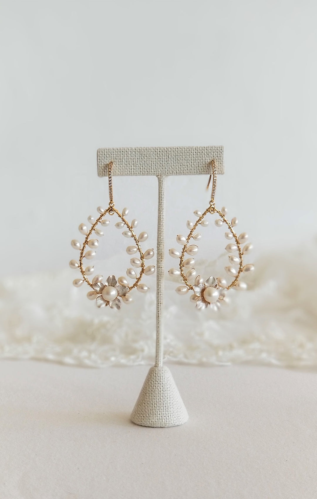 Pearl Bridal Earrings, Floral Wedding Hoop Earrings, Wedding Statement Earrings For Bride - metal hoops, wire, freshwater pearls, metal flower, cubic zirconia ear wires