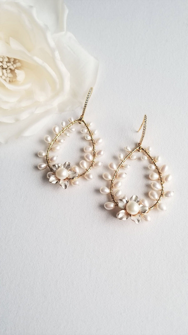 Pearl Bridal Earrings, Floral Wedding Hoop Earrings, Wedding Statement Earrings For Bride - metal hoops, wire, freshwater pearls, metal flower, cubic zirconia ear wires