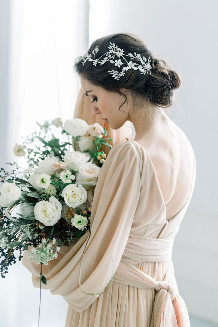 Silver Floral Wedding Hair Vine, Silver Wedding Headpiece, Silver Leaf Twig Bridal Hair Vine - metal leaves, wire, freshwater pearls, metal flowers, rhinestones