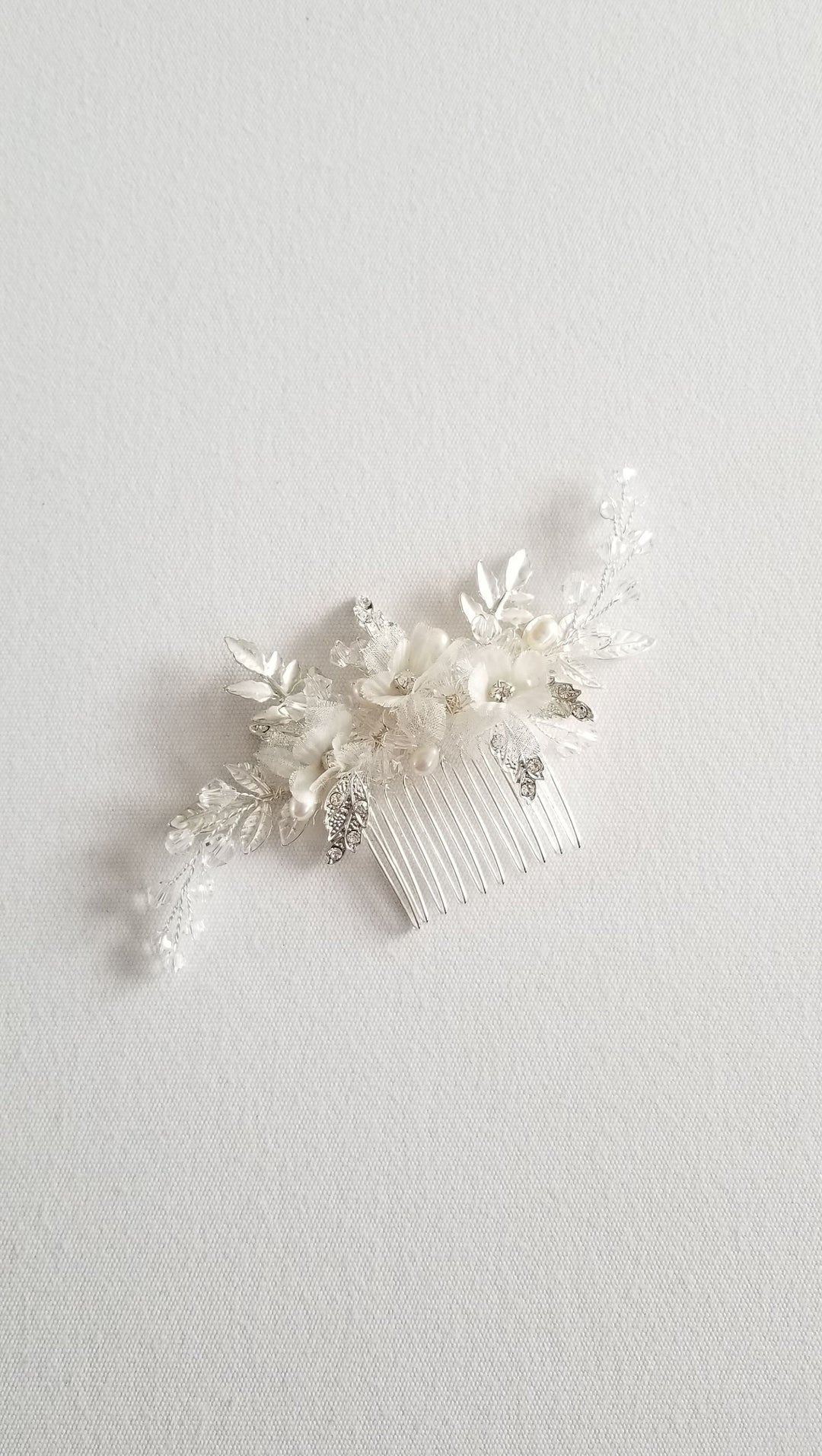 Bridal Floral Comb, Floral Silk Flower Crystal Wedding Hair Comb, Silver Pearl Wedding Hair Comb - crystals, rhinestones, wire, metal comb, metal leaves, pure silk flowers, freshwater pearls