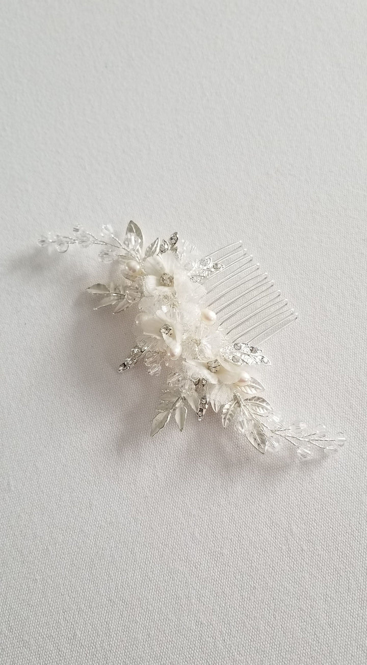 Bridal Floral Comb, Floral Silk Flower Crystal Wedding Hair Comb, Silver Pearl Wedding Hair Comb - crystals, rhinestones, wire, metal comb, metal leaves, pure silk flowers, freshwater pearls