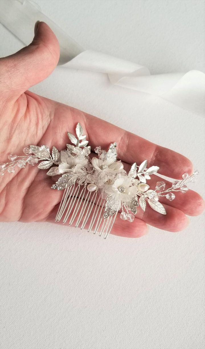 Bridal Floral Comb, Floral Silk Flower Crystal Wedding Hair Comb, Silver Pearl Wedding Hair Comb - crystals, rhinestones, wire, metal comb, metal leaves, pure silk flowers, freshwater pearls