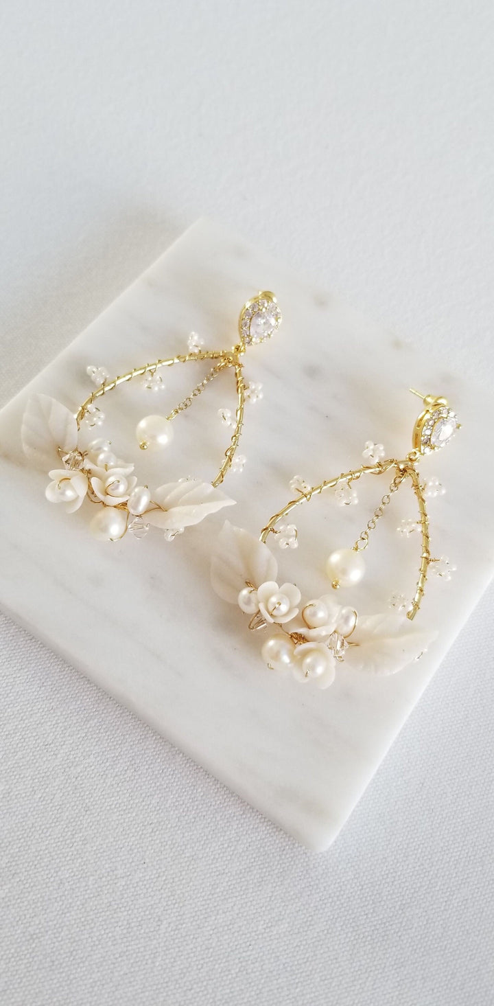 Boho Bridal Earrings, Clay Flower Wedding Hoop Earrings, Floral Wedding Statement Earrings For Bride - metal hoops, wire, freshwater pearls, seedbeads, clay flowers and leaves, chain, Swarovski crystals, cubic zirconias, extender chains and clasps