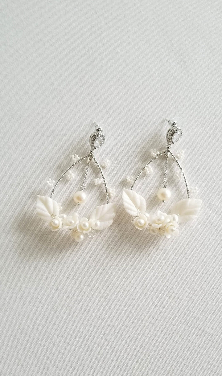 Boho Bridal Earrings, Clay Flower Wedding Hoop Earrings, Floral Wedding Statement Earrings For Bride - metal hoops, wire, freshwater pearls, seedbeads, clay flowers and leaves, chain, Swarovski crystals, cubic zirconias, extender chains and clasps