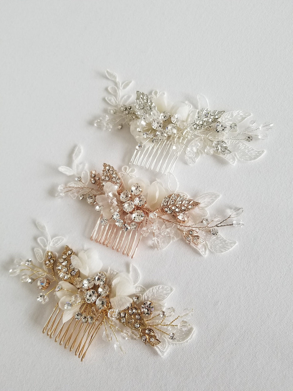 Bridal Hair Comb, Silk Flower Wedding Hair Comb, Lace & Crystal Floral Hair Comb, Bohemian Bridal Comb - crystals, rhinestones, wire, metal comb, metal leaves, corded lace