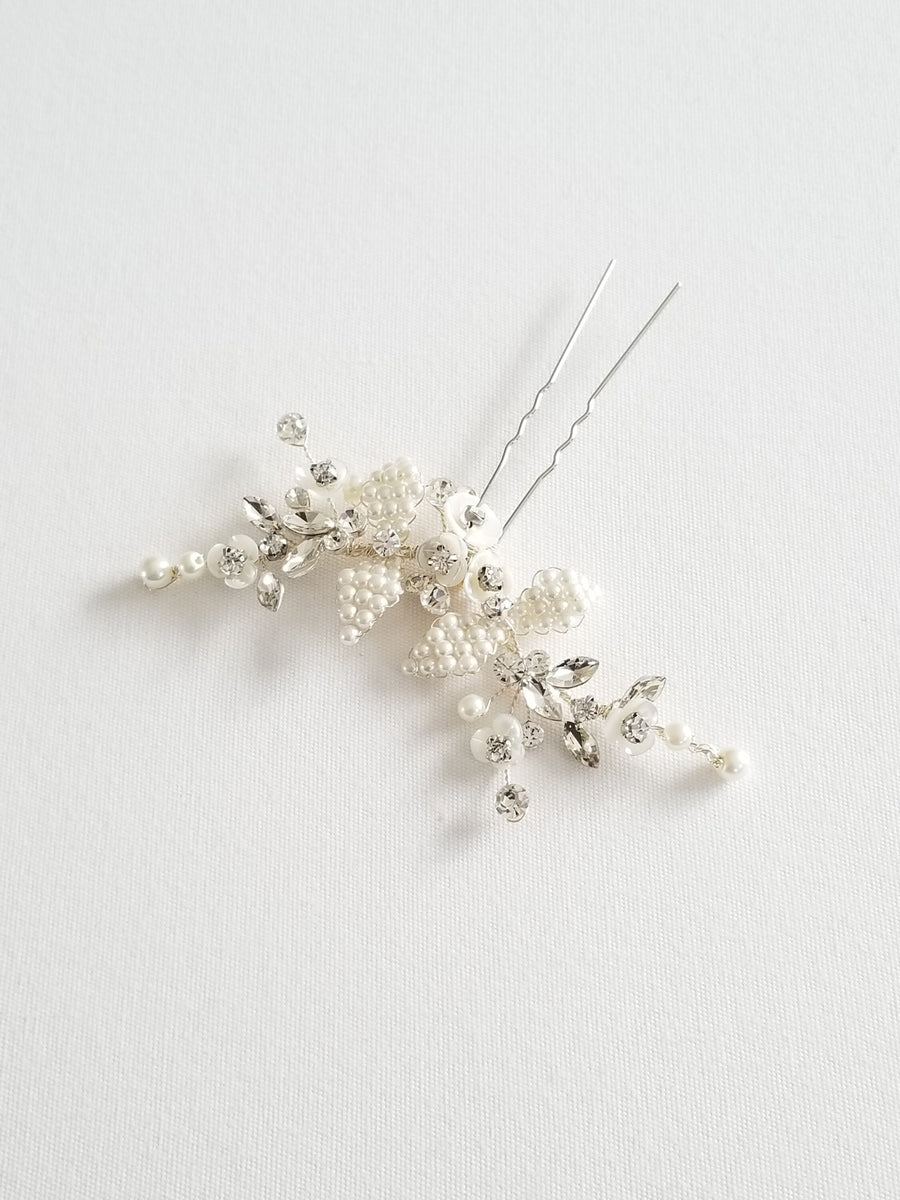 Crystal Pearl Bridal Hair Pin, Silver Pearl Hair Pin for Bride, Floral Pearl Bridal Hair Pin, Pearl Wedding Hair Pin - metal hairpin, wire, crystal rhinestones, faux pearls, shell flowers