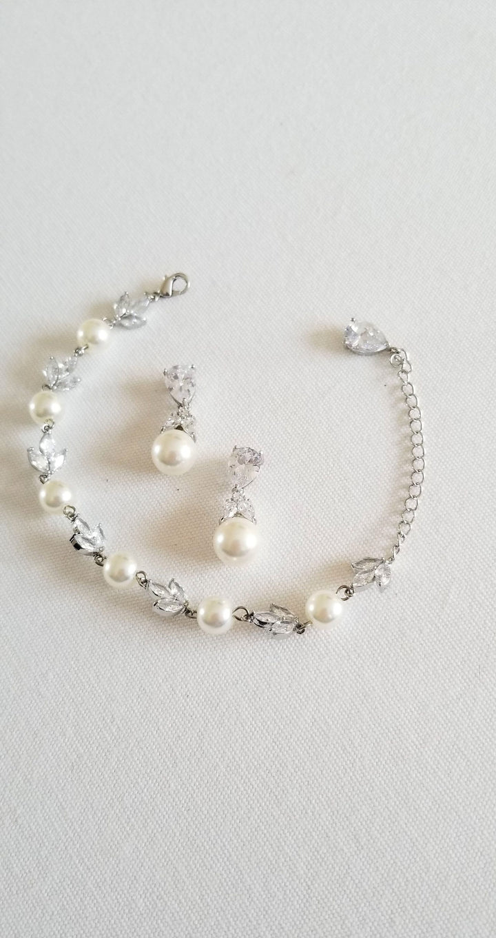 Pearl Bridal Bracelet Earring Set, Wedding Pearl Bracelet, Pearl Drop Bridal Earrings, Bridal Jewelry Set - faux pearls, cubic zirconias, chain, copper based findings, lobster clasp