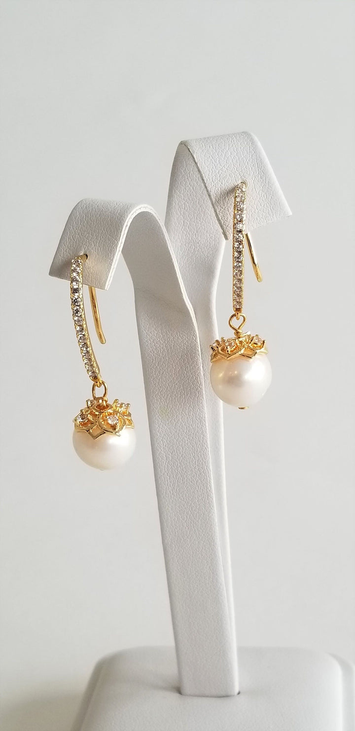 Pearl Bridal Earrings, Freshwater Pearl Wedding Earrings, Pearl Drop Gold Earrings, Earrings For Bride - freshwater pearls, gold plated brass ear wires, bead cap, head pin, cubic zirconias