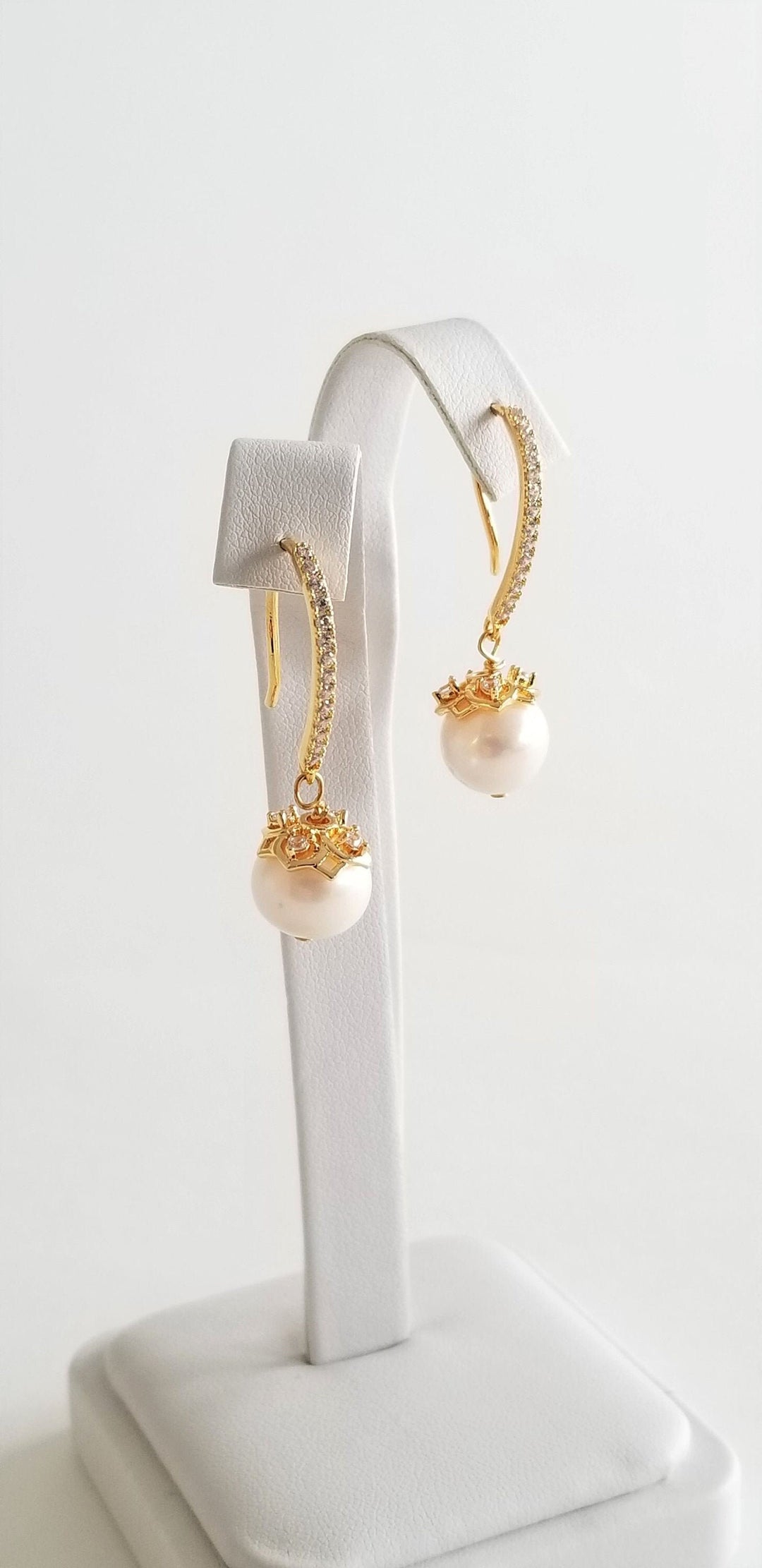 Pearl Bridal Earrings, Freshwater Pearl Wedding Earrings, Pearl Drop Gold Earrings, Earrings For Bride - freshwater pearls, gold plated brass ear wires, bead cap, head pin, cubic zirconias